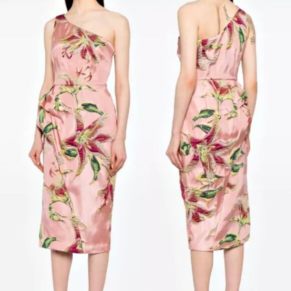 New Marchesa Notte Draped One-Shoulder Floral Jacquard Midi Cocktail Dress NWT - Picture 5 of 16